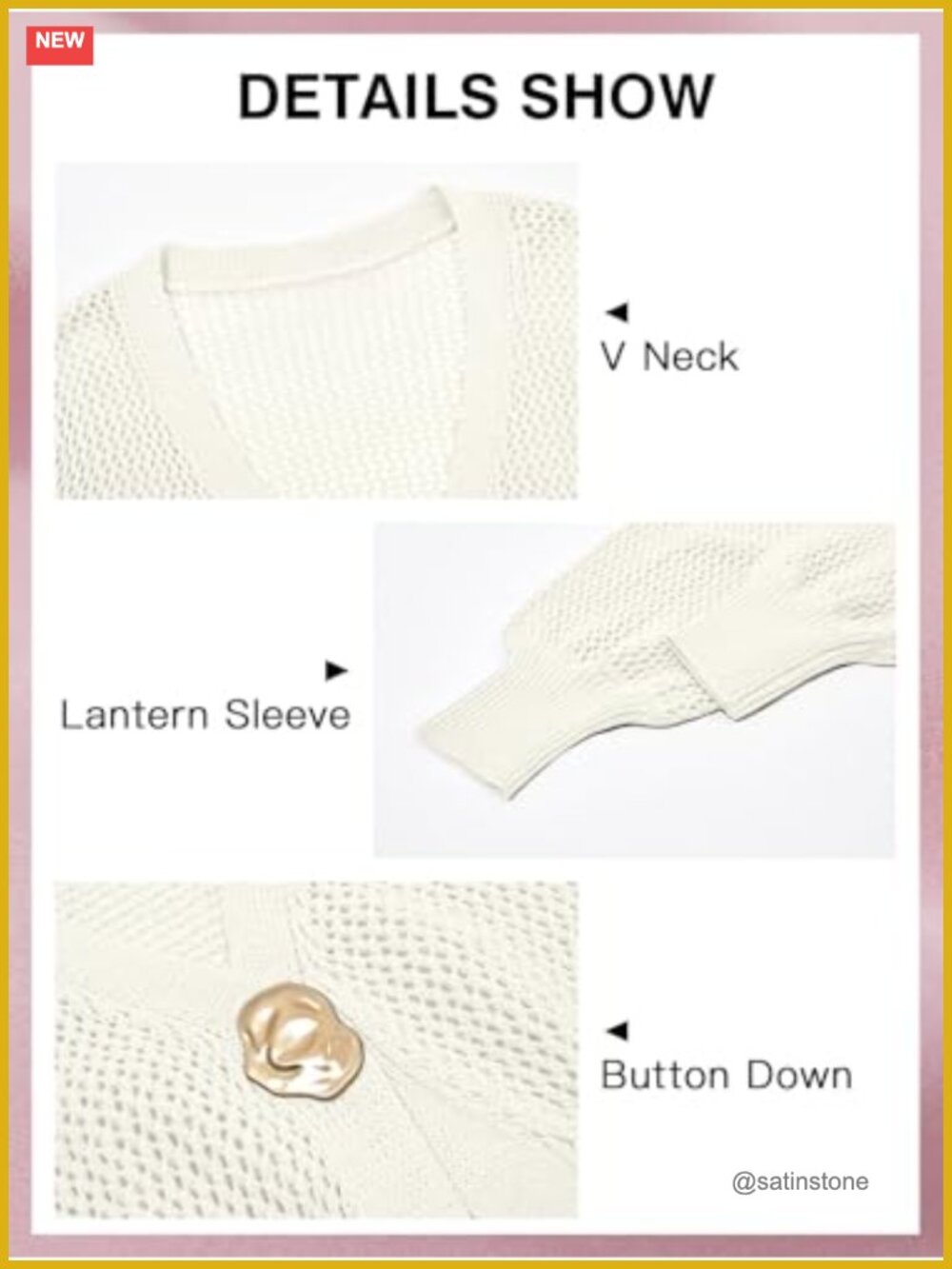Crochet Cropped Cardigan Hollow Out Button Down Lantern Sleeve Knit Sweater - Picture 5 of 6